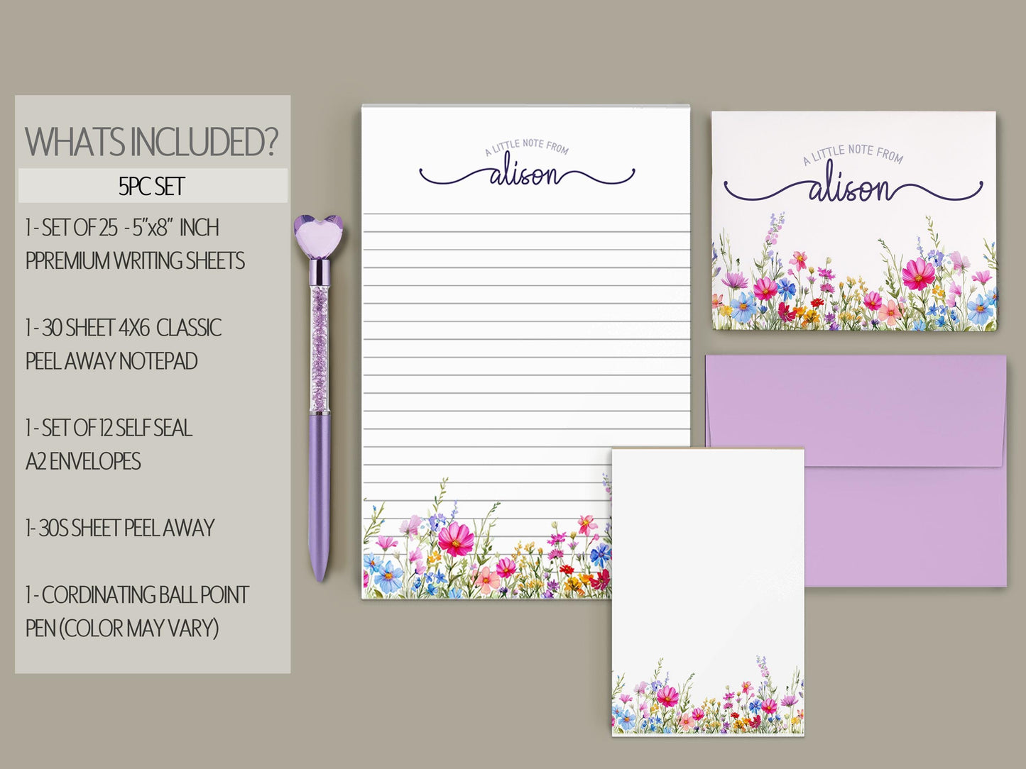 Personalized Stationery Set - Wildflower Letter Writing Set With Envelopes & Notecards