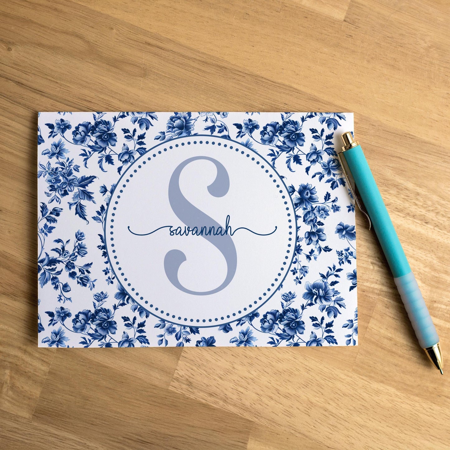 Personalized Note Cards – Custom Folded Notecards Set with Blue White Toile Stationery