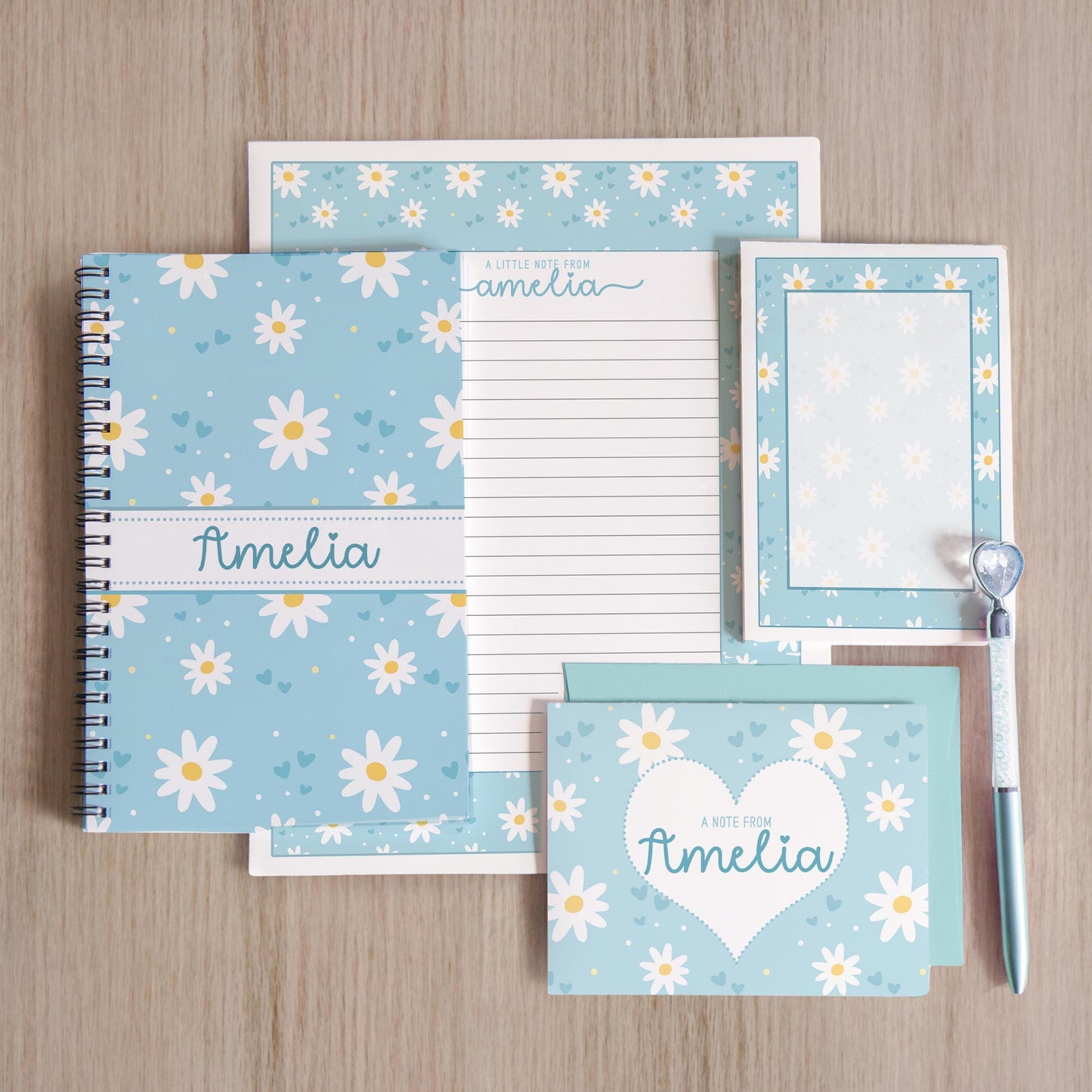 Personalized Stationery Set – Kids Writing Set With Blue Daisy Notebook & Notecard Envelopes