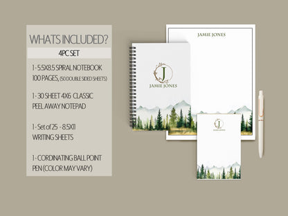 Personalized Stationery Set - Mountain Forest Stationery Gift Box with Notebook & Envelopes