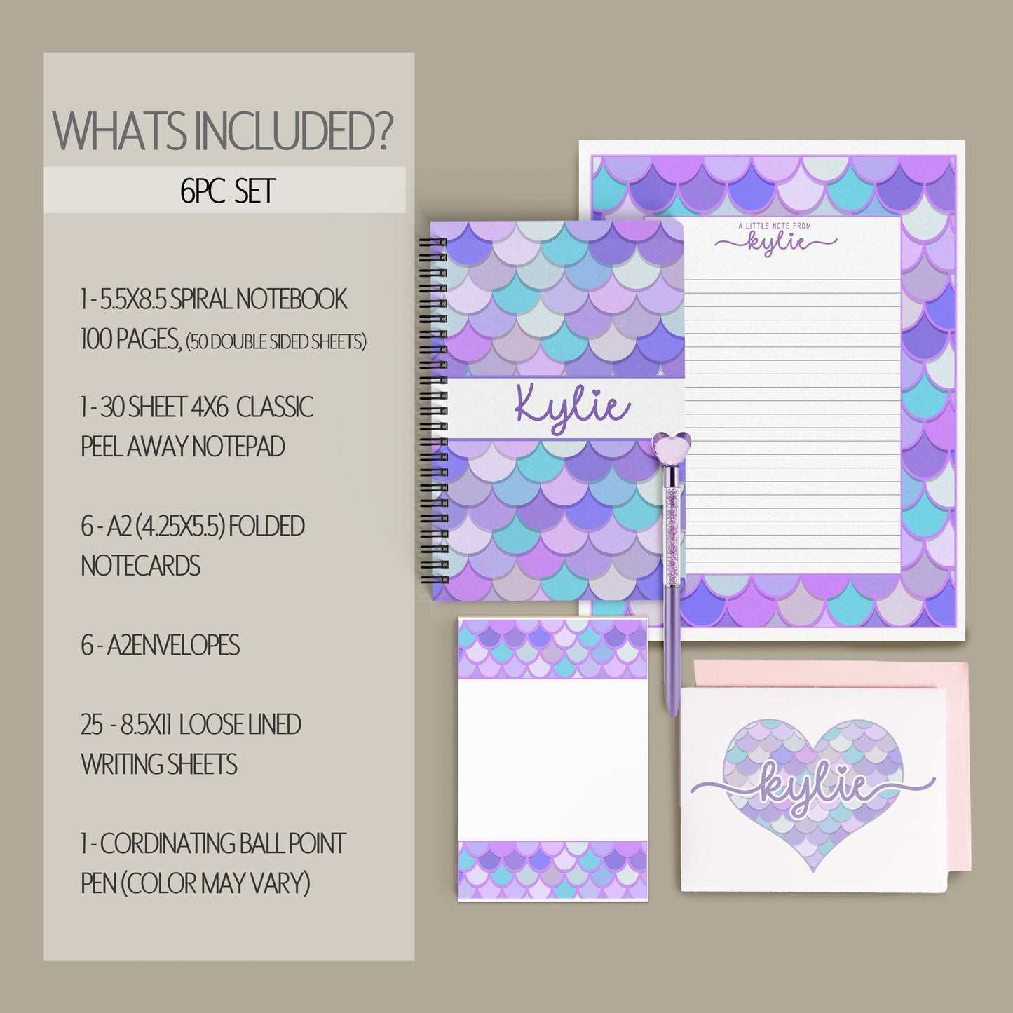 Mermaid Stationery Set - Personalized Kids Letter Writing Kit with Spiral Notebook & Envelopes