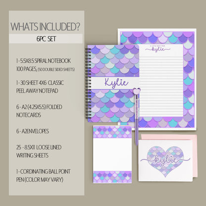 Mermaid Stationery Set - Personalized Kids Letter Writing Kit with Spiral Notebook & Envelopes