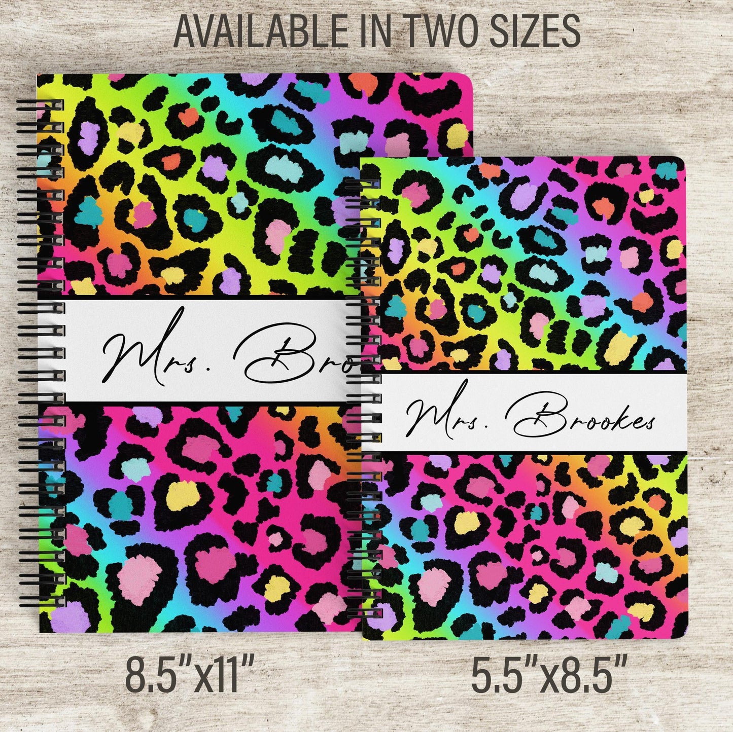 Custom Spiral Notebooks - Personalized Rainbow Cheetah Print Kids Name Journals