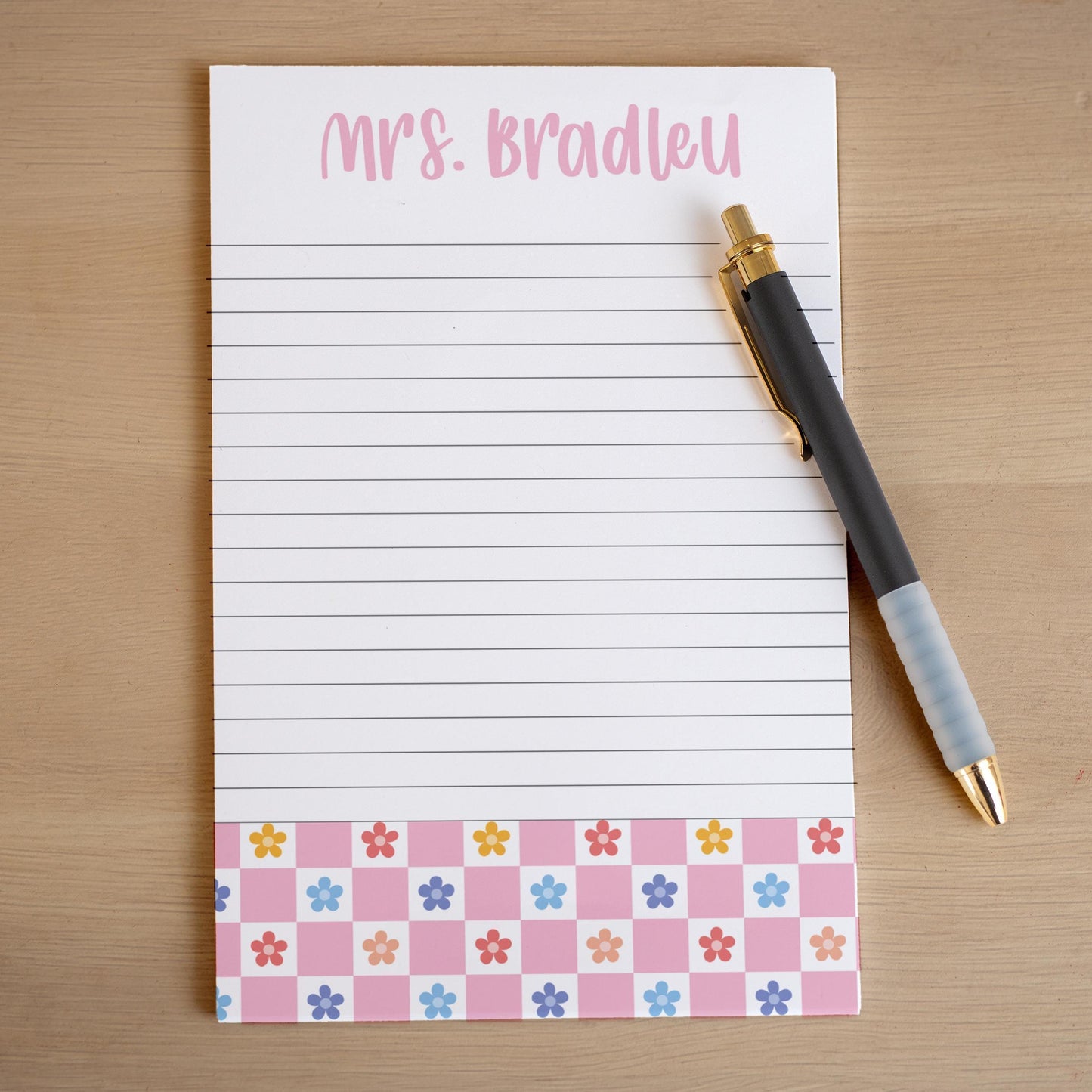 Personalized Girls Notepad – Custom Pink Flower Notepad with Checker Design, Lined Note Pads