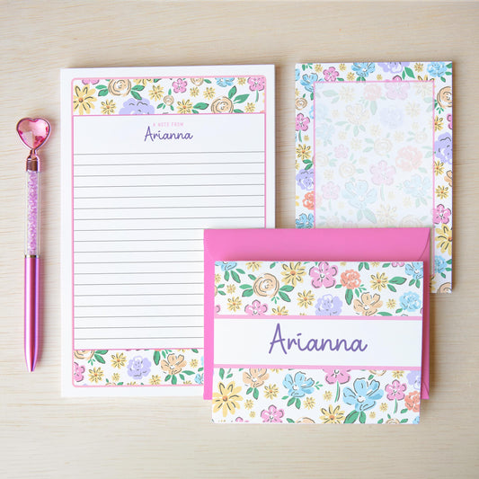Personalized Stationery Set - Wildflower Print Letter Writing Set with Self-Seal Envelopes & Notecards