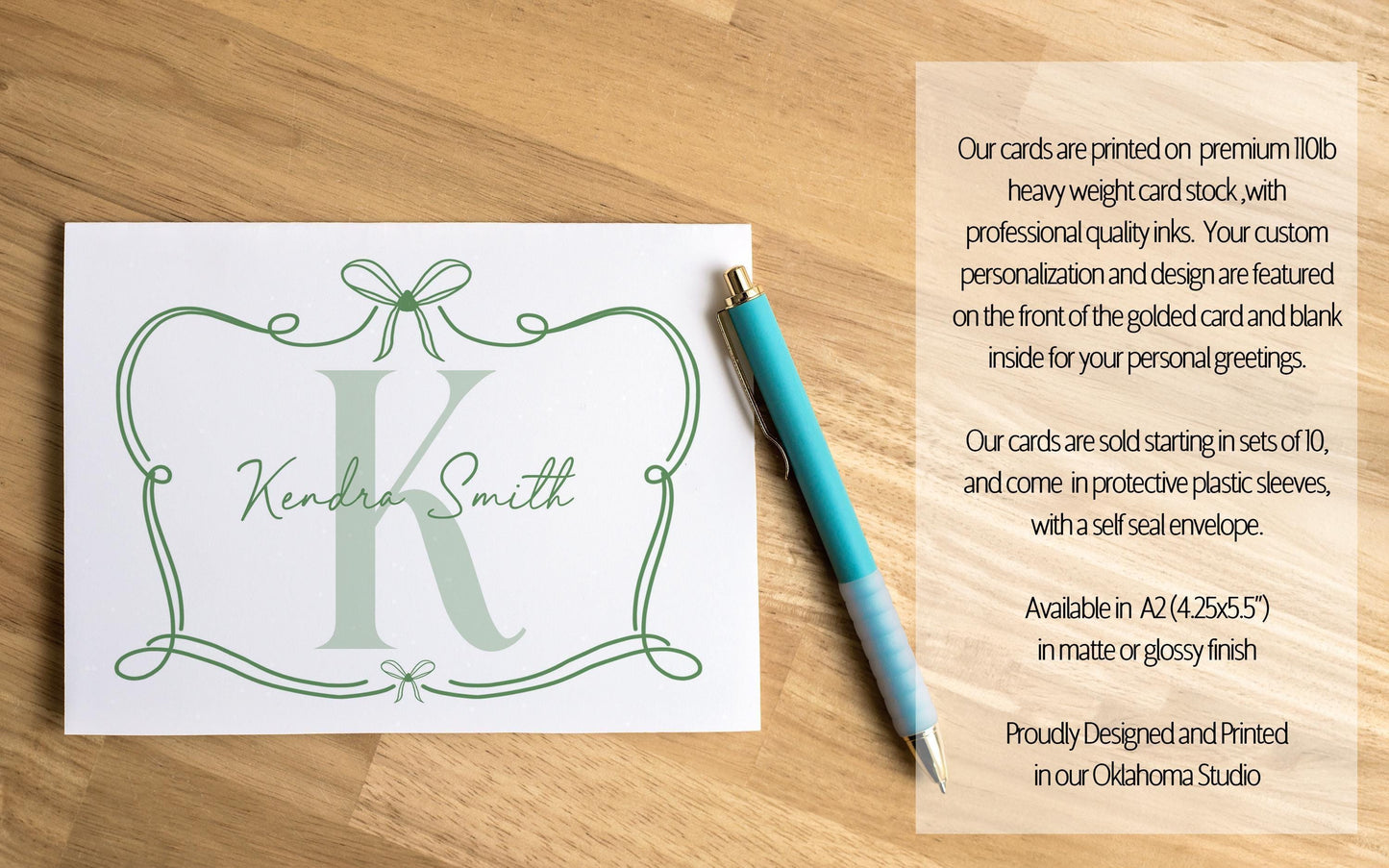Personalized Monogram Note Cards - Custom Folded Thank You Cards with Hand Drawn Bow Design