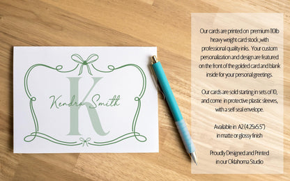 Personalized Monogram Note Cards - Custom Folded Thank You Cards with Hand Drawn Bow Design