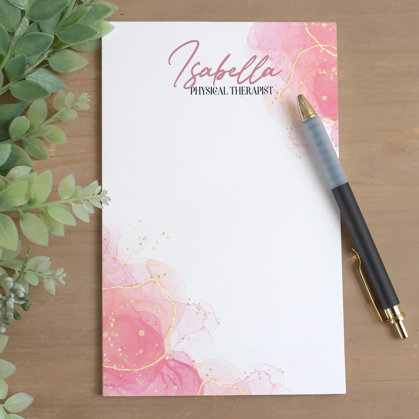 Personalized Notepad - Custom Name Notepad With Pink Watercolor Design, Marble Stationery