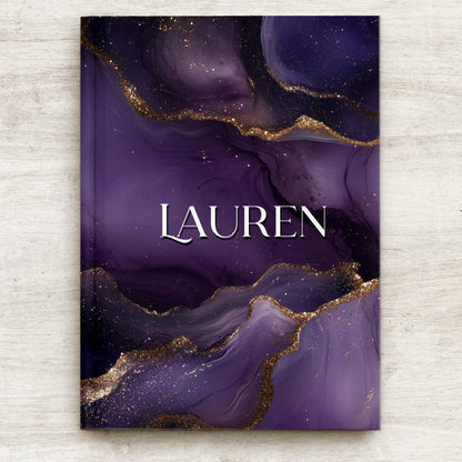 Personalized Hardcover Journal - Custom Name Purple Marbled Notebook Gift for Mothers Day