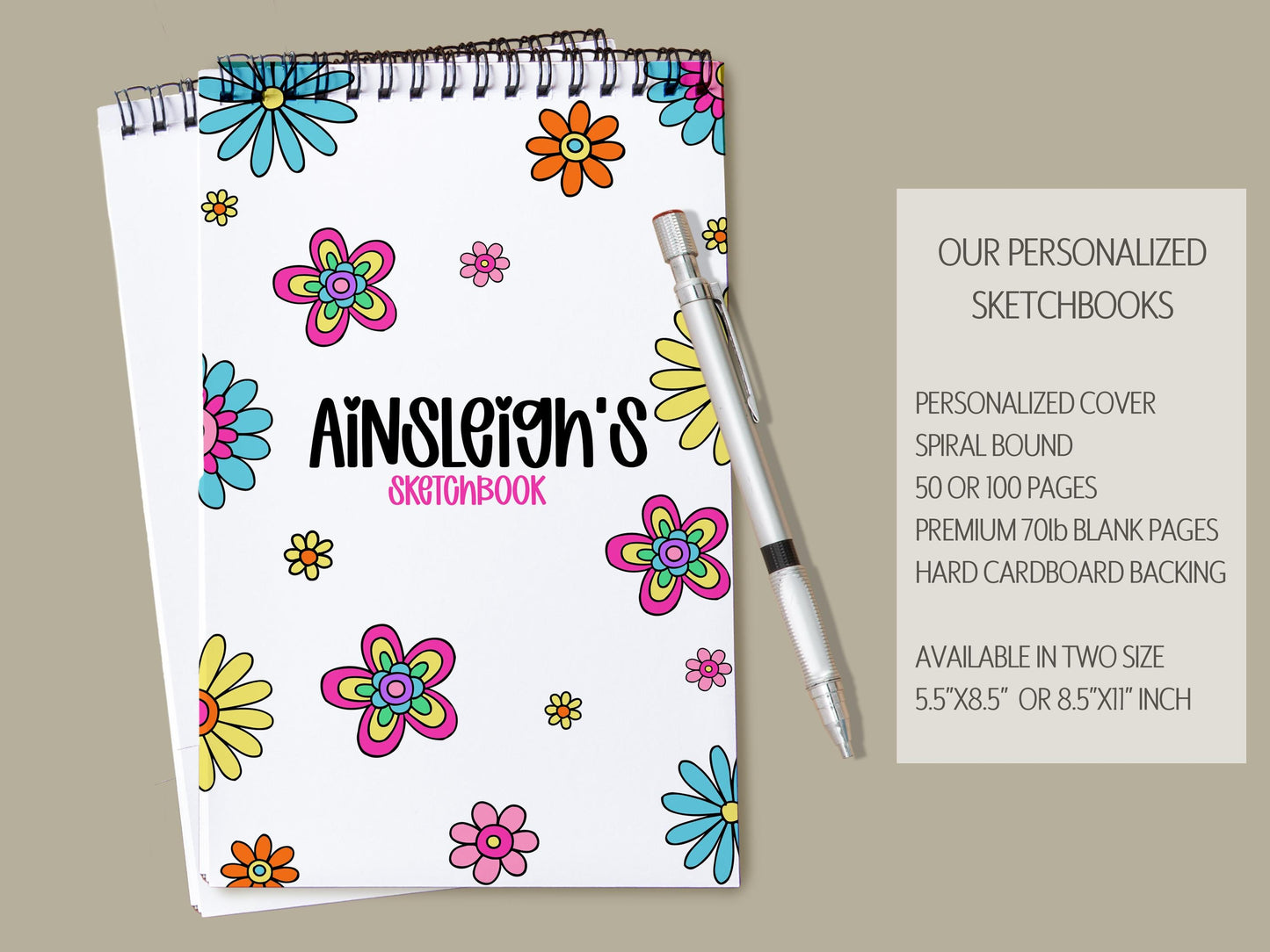 Personalized Sketchbook - Kids Drawing Pad With Heavyweight Paper & Flower Design