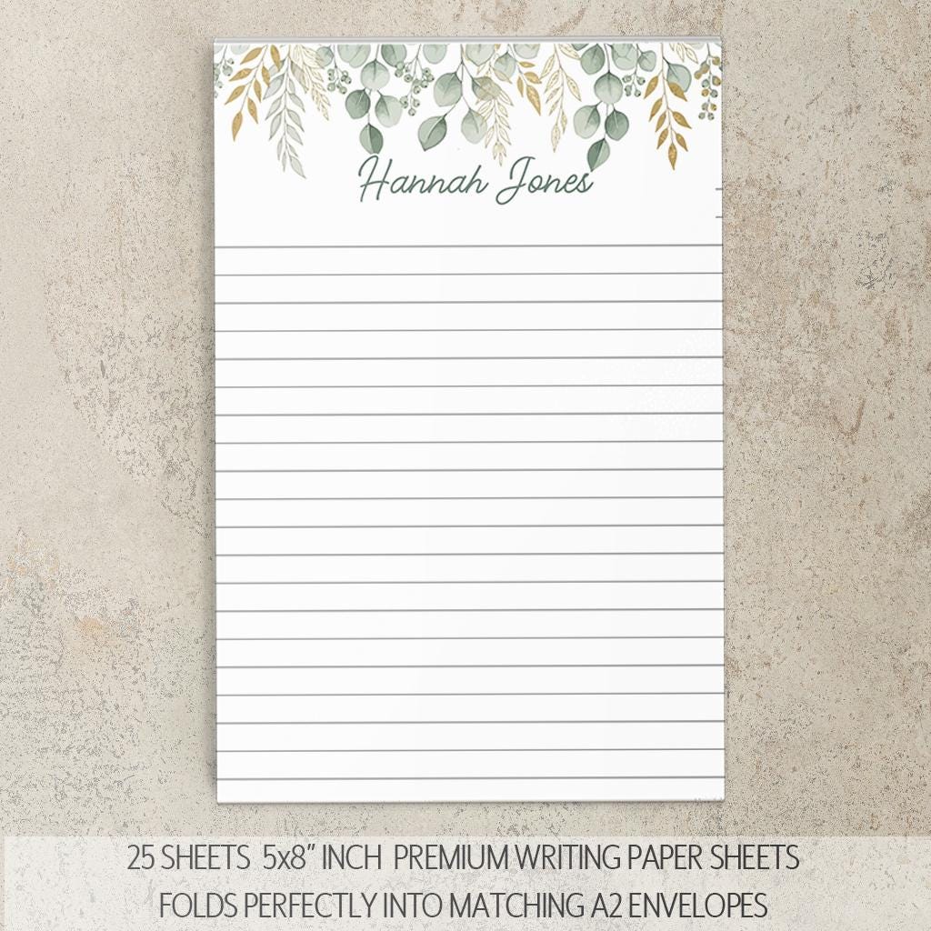 Personalized Stationery Set - Boho Floral Writing Paper, Sage Green Envelopes & Pen Included