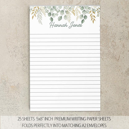 Personalized Stationery Set - Boho Floral Writing Paper, Sage Green Envelopes & Pen Included