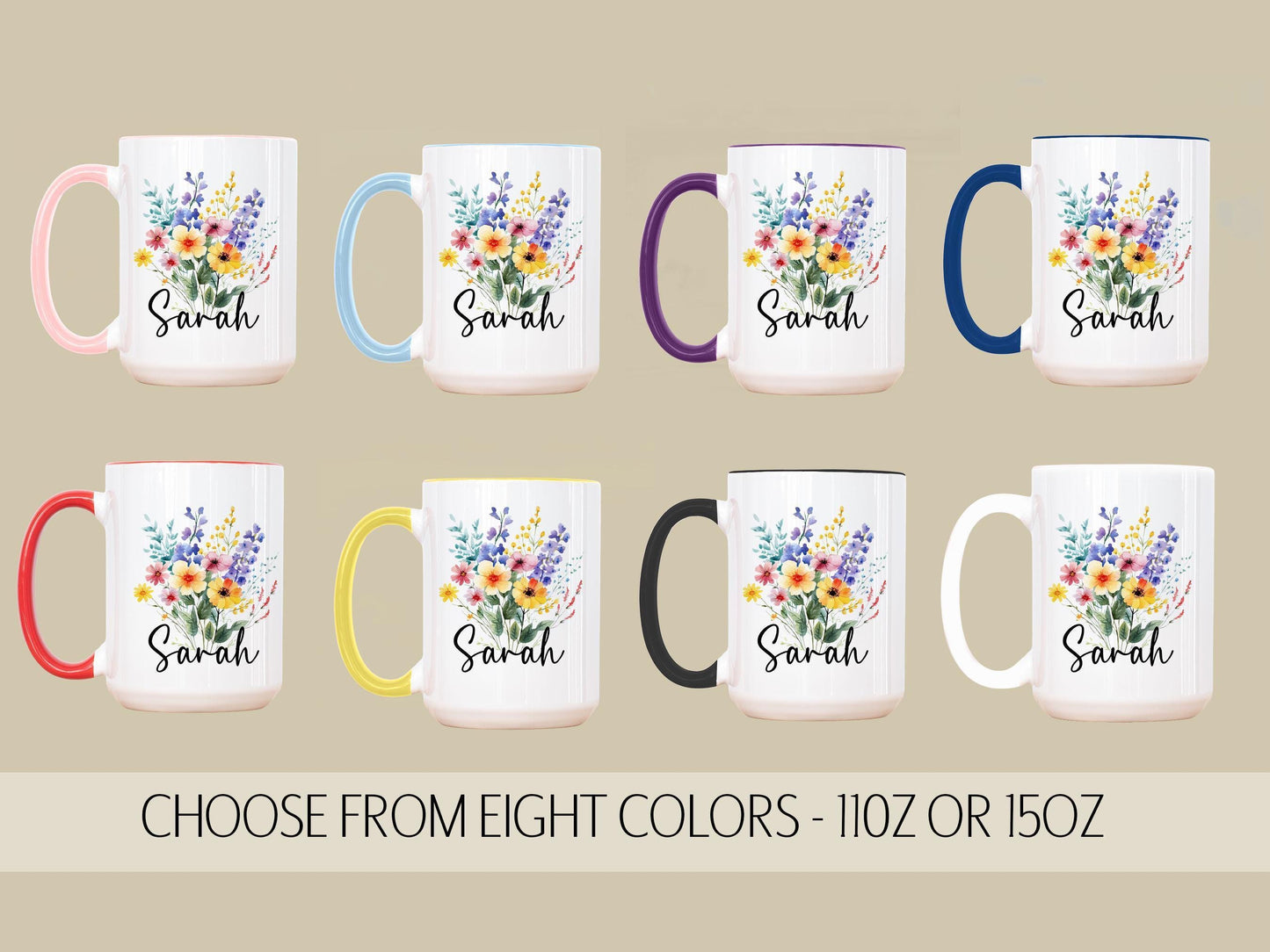 Personalized Flower Mug - Custom Rainbow Wildflower Ceramic Coffee Cup, Gift for Best Friend