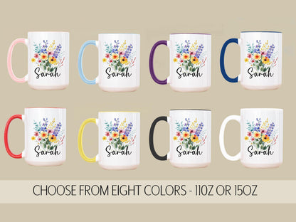 Personalized Flower Mug - Custom Rainbow Wildflower Ceramic Coffee Cup, Gift for Best Friend