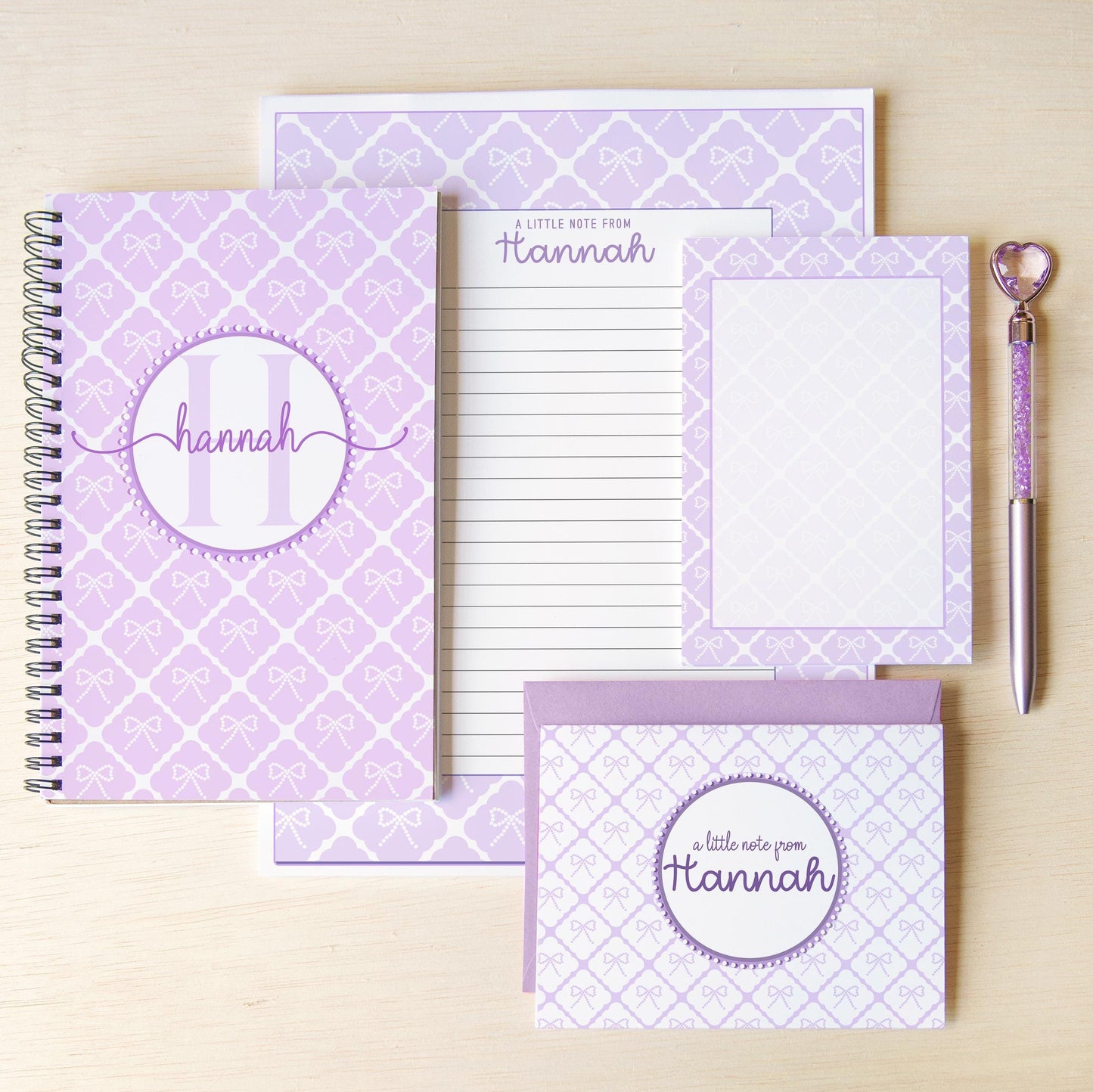 Personalized Stationery Set – Kids Letter Writing Kit with Purple Bow Notebook & Envelopes