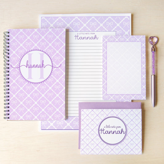 Personalized Stationery Set – Kids Letter Writing Kit with Purple Bow Notebook & Envelopes