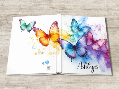 Personalized Hardcover Journal - Rainbow Butterfly Custom Name Notebook With Matte Finish Cover