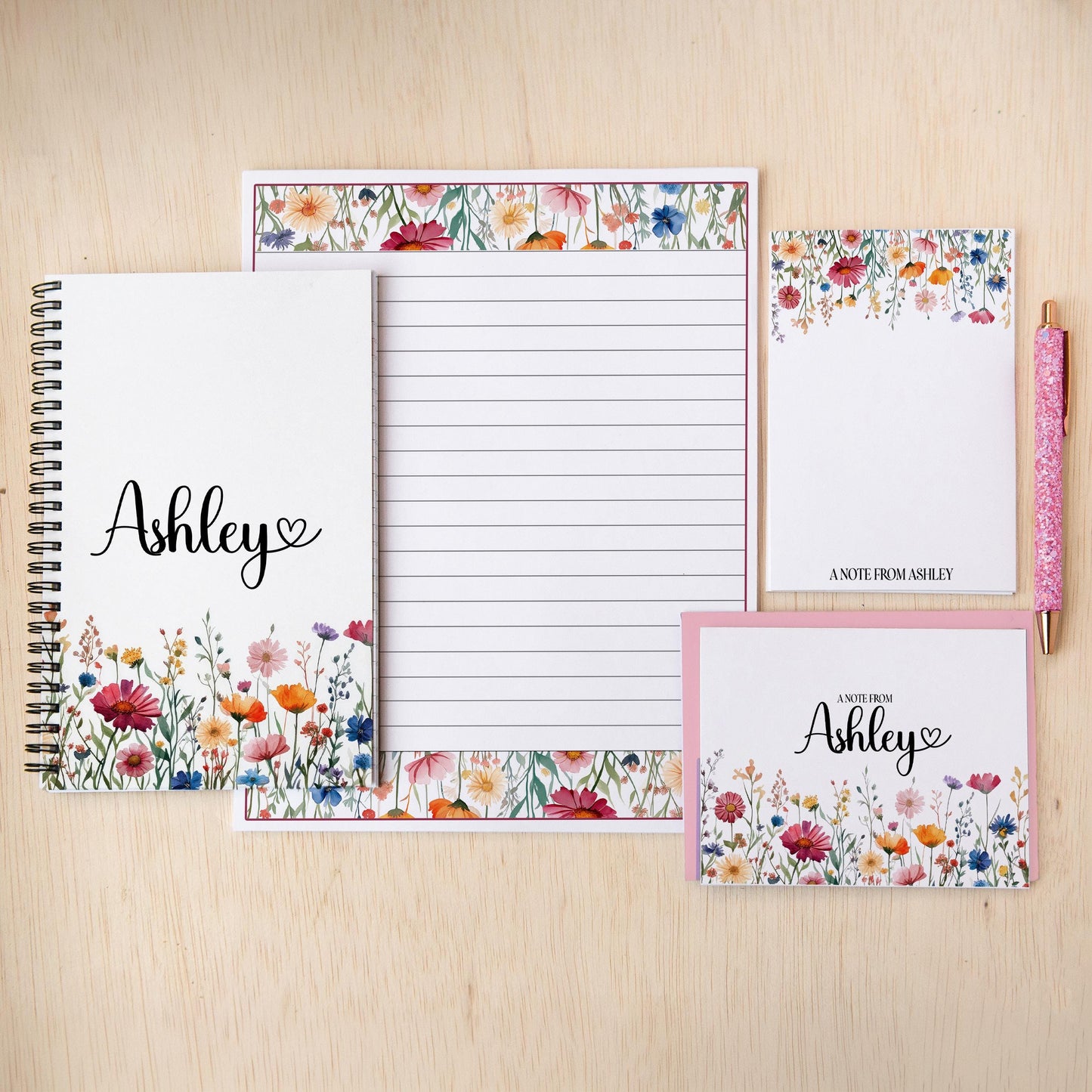 Personalized Stationery Set - Floral Stationery Kit With Spiral Notebook & Lined Writing Sheets