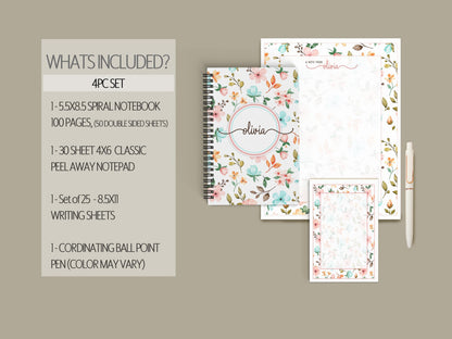 Personalized Stationery Set - Floral Notepads & Wildflower Notebook With Pen