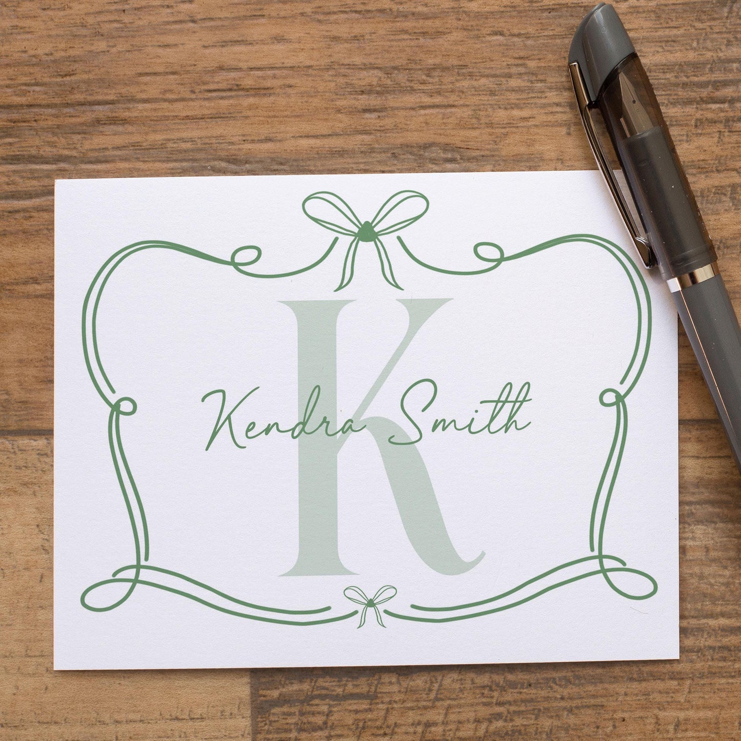 Personalized Monogram Note Cards - Custom Folded Thank You Cards with Hand Drawn Bow Design
