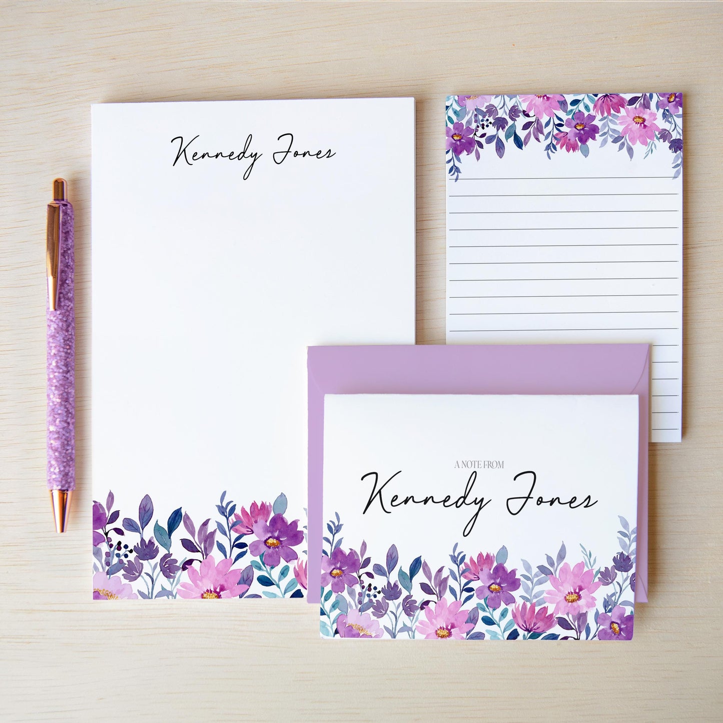 Personalized Stationery Set – Floral Writing Paper Envelopes & Notecards with Pen Gift