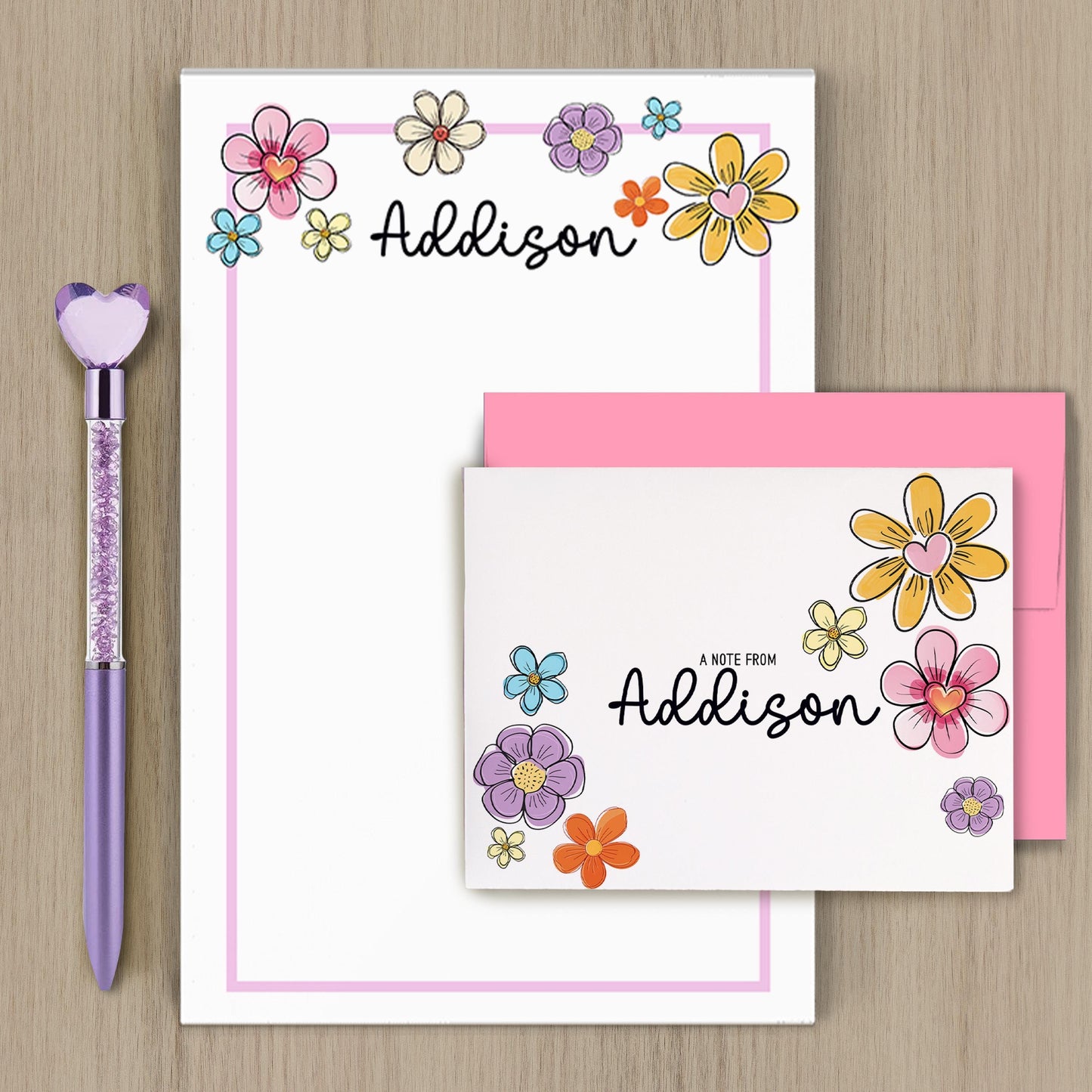Personalized Stationery Set - Premium Letter Writing Set with Colorful Flower Print Notepad & Self Seal Envelopes