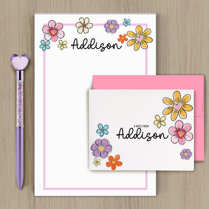 Personalized Stationery Set - Premium Letter Writing Set with Colorful Flower Print Notepad & Self Seal Envelopes