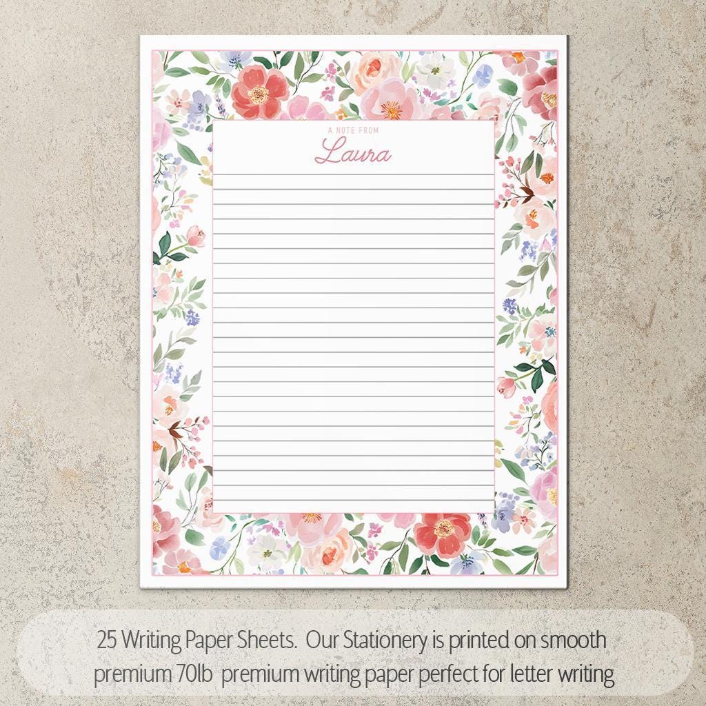 Personalized Stationery Set - Custom Letter Writing Sets with Floral Notepads & Pink Flower Notebook