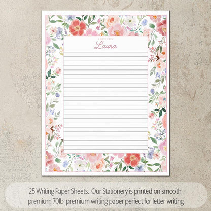 Personalized Stationery Set - Custom Letter Writing Sets with Floral Notepads & Pink Flower Notebook