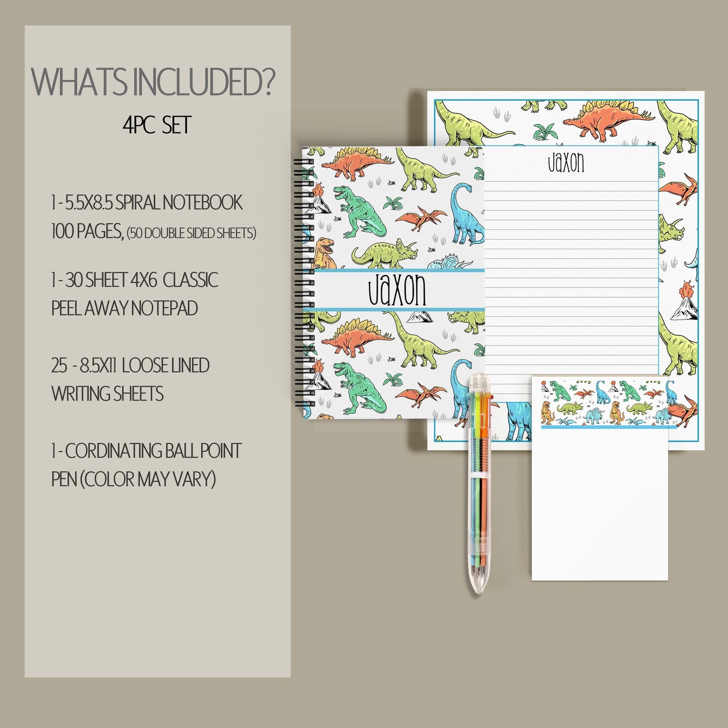 Boys Stationery Set – Personalized Dinosaur Notebook & Custom Writing Paper Kit