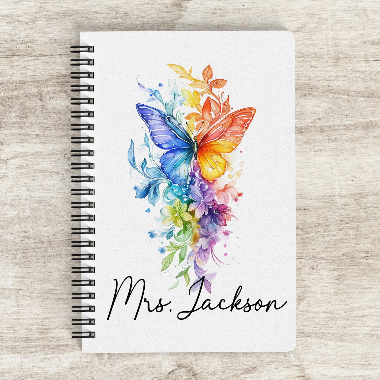 Personalized Notebook - Custom Rainbow Butterfly Spiral Bound Journal with Lined Pages