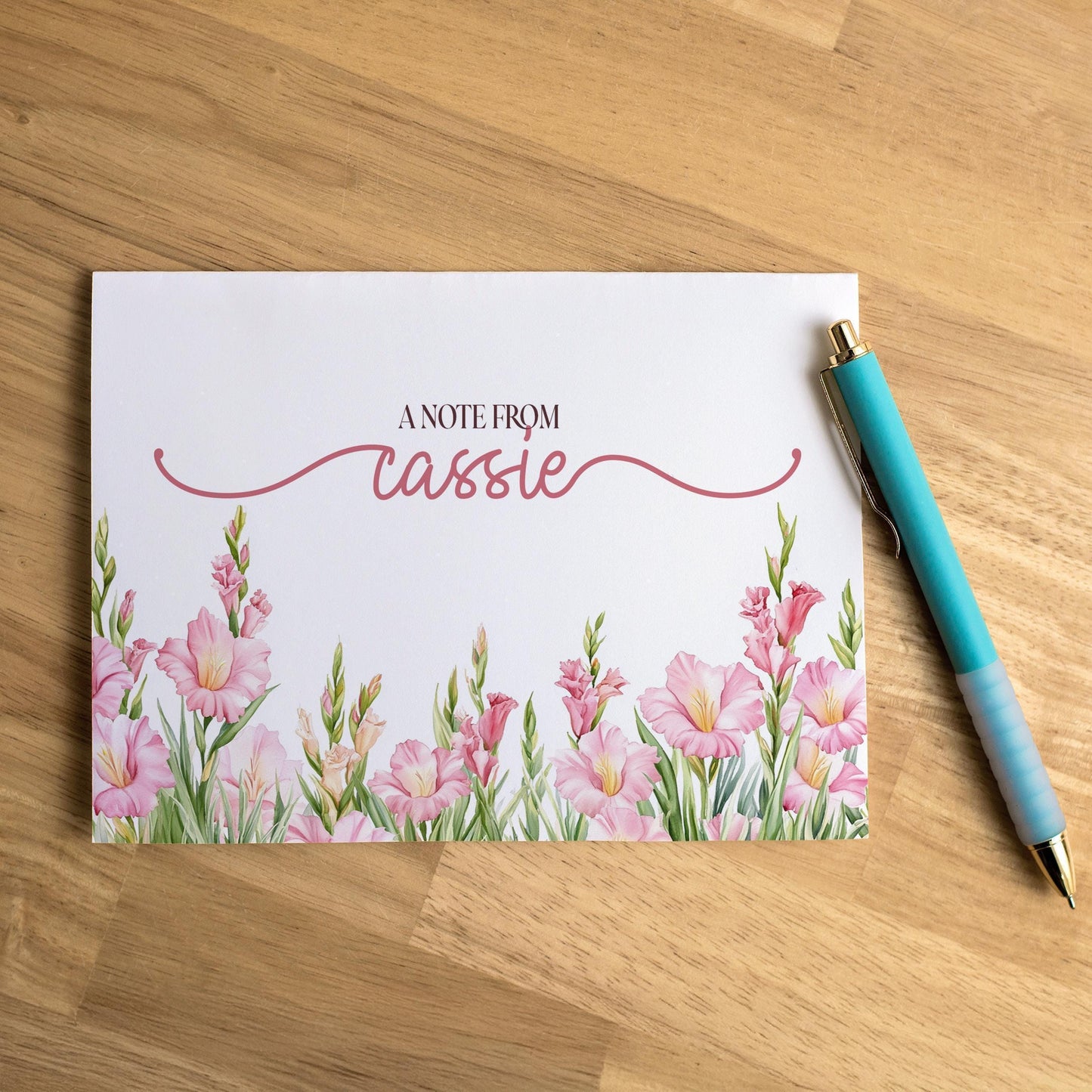Personalized Note Cards - Custom Name Notecards with Pink Floral Stationery Set