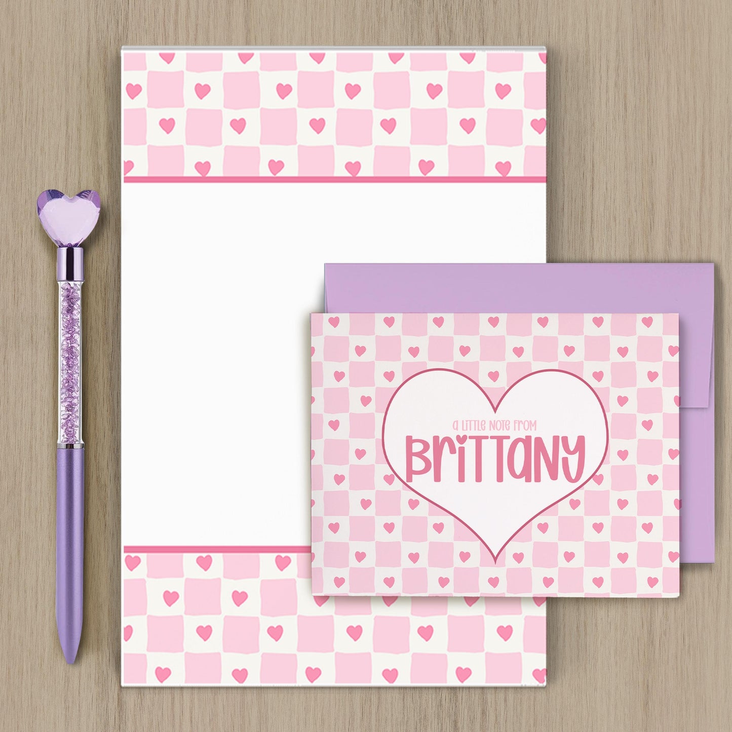 Personalized Stationery Set - Heart Checkered Letter Writing Gift Set with Glitter Pen