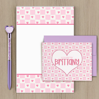 Personalized Stationery Set - Heart Checkered Letter Writing Gift Set with Glitter Pen