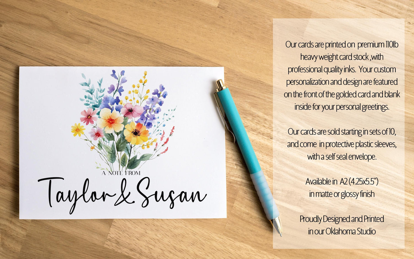 Personalized Note Cards – Custom Name Notecards with Wildflower Floral Folded Greeting Cards