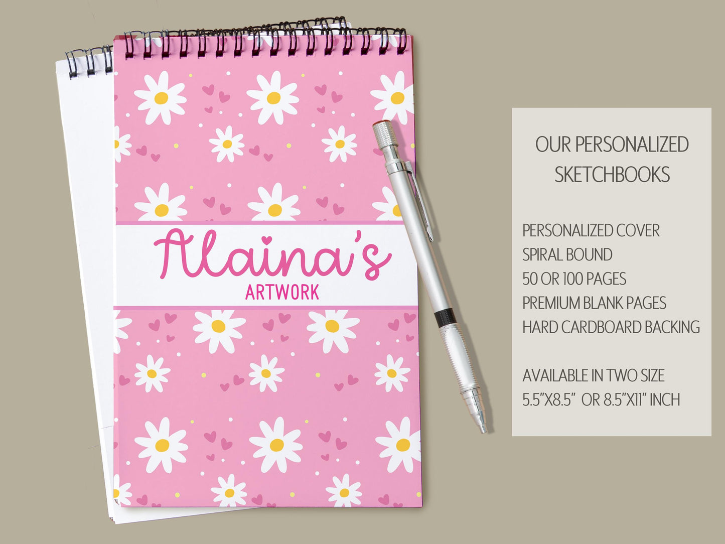 Girls Personalized Sketchbook - Custom Name Pink Daisy Drawing Pad with Heavyweight Paper