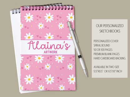 Girls Personalized Sketchbook - Custom Name Pink Daisy Drawing Pad with Heavyweight Paper