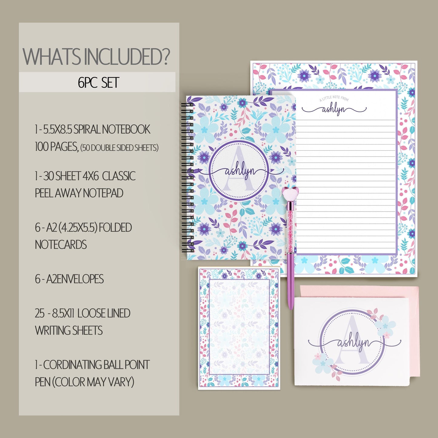 Personalized Stationery Set - Kids Letter Writing Kit with Floral Notebook & Pen