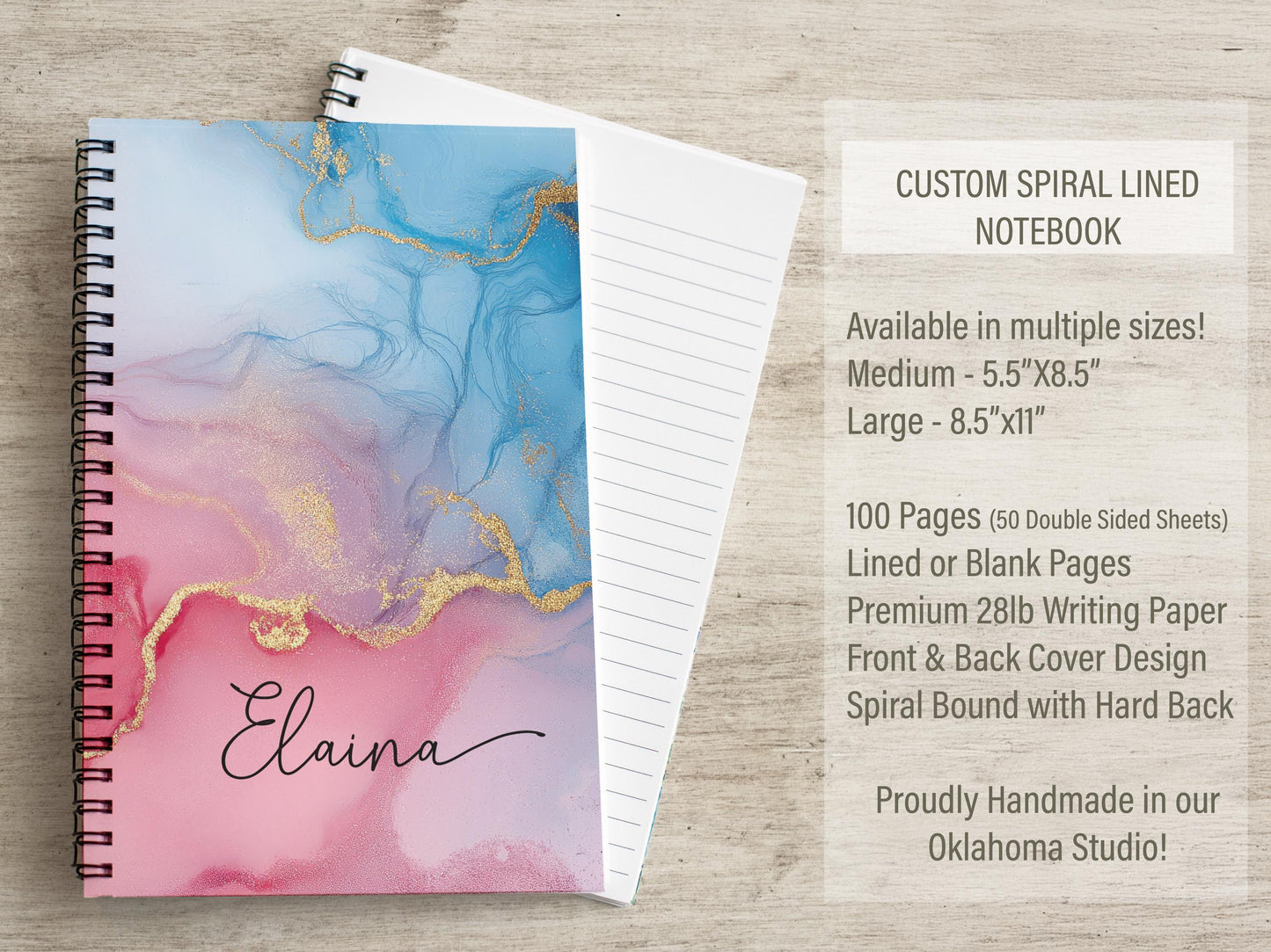 Personalized Pink Notebook – Spiral Bound Notebook With Lined Or Blank Pages, Custom Marbled Ink Design