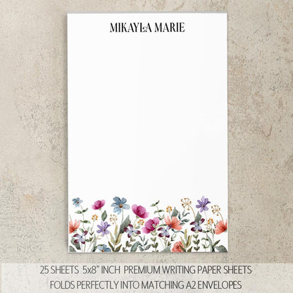 Personalized Stationery Set - Wildflower Letter Writing Set with Notecards & Pen