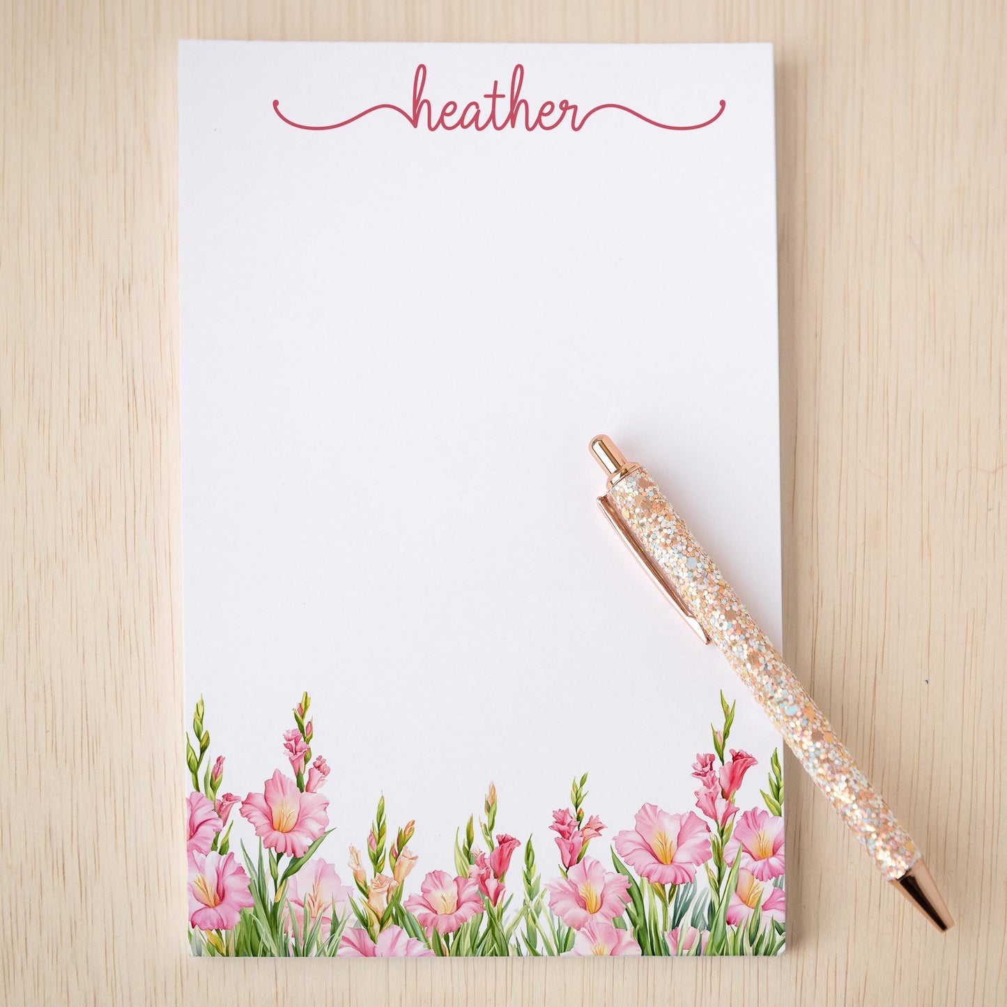 Personalized Notepad - Pink Wildflower Custom Name Note Pad | Floral Stationery Gift