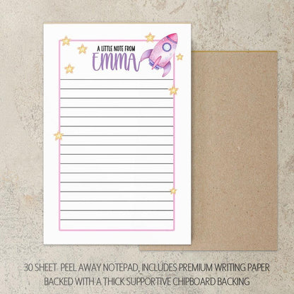 Girls Stationery Set - Personalized Kids Letter Writing Kit with Pink Astronaut Notebook & Space Rocket Paper