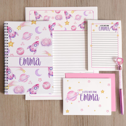 Girls Stationery Set - Personalized Kids Letter Writing Kit with Pink Astronaut Notebook & Space Rocket Paper