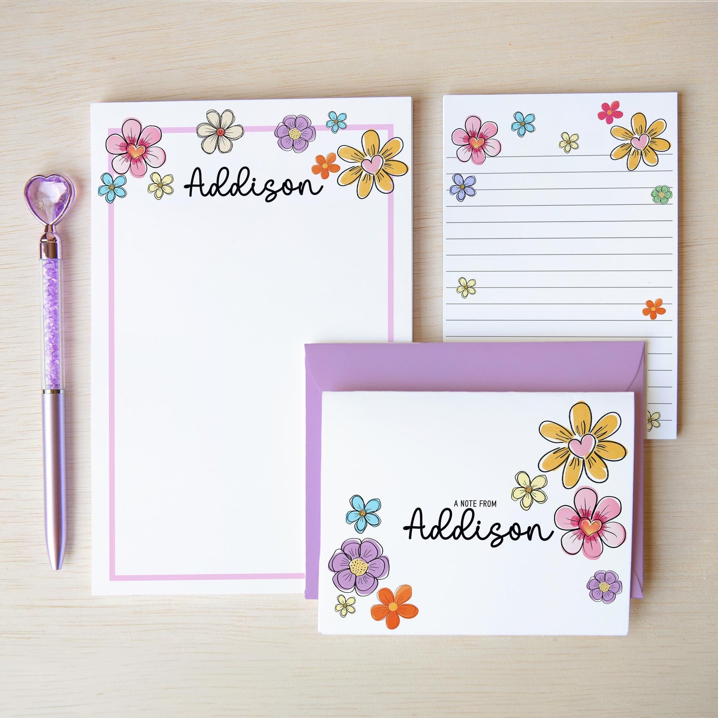 Personalized Stationery Set - Premium Letter Writing Set with Colorful Flower Print Notepad & Self Seal Envelopes