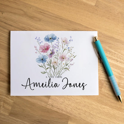 Personalized Note Cards – Wildflower Stationery Set of 10 Cards with Custom Envelope Colors