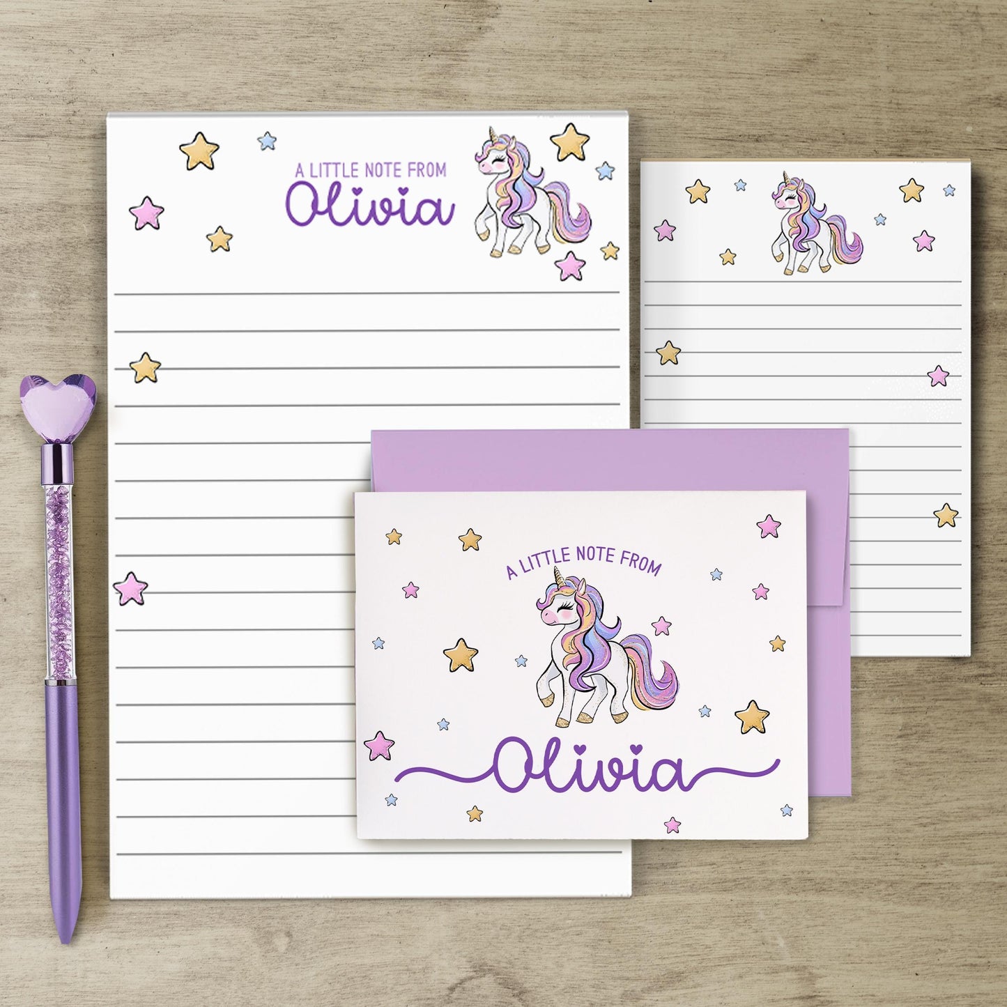 Personalized Stationery Set – Girls Unicorn Letter Writing Sets with Pink Purple Notepad & Envelopes