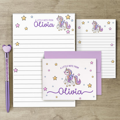 Personalized Stationery Set – Girls Unicorn Letter Writing Sets with Pink Purple Notepad & Envelopes