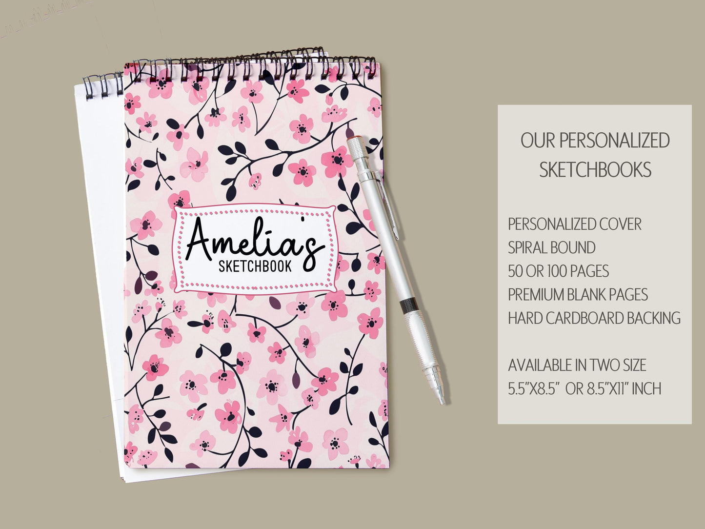 Girls Personalized Sketchbook – Custom Art Book with Pink Floral Cover | Heavyweight Spiral Bound Drawing Pad