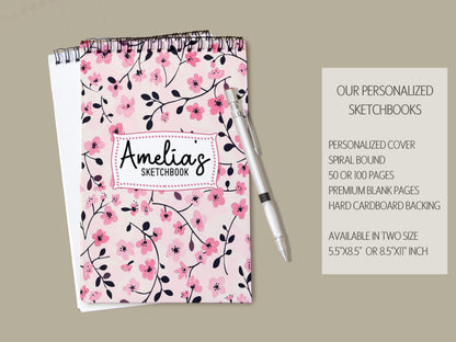 Girls Personalized Sketchbook – Custom Art Book with Pink Floral Cover | Heavyweight Spiral Bound Drawing Pad