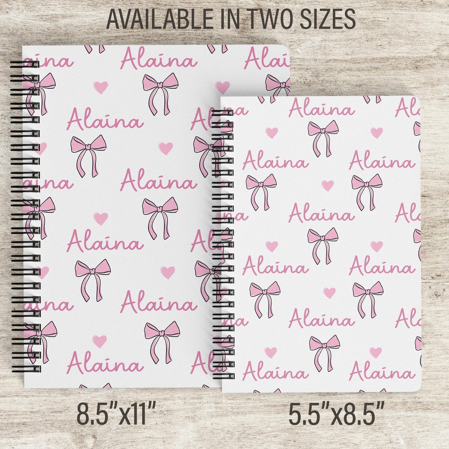 Girls Custom Notebook - Personalized Journal With Pink Coquette Bows, Spiral Bound